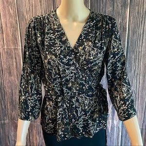 O’Neill size medium black pink & yellow floral print wrap summer blouse